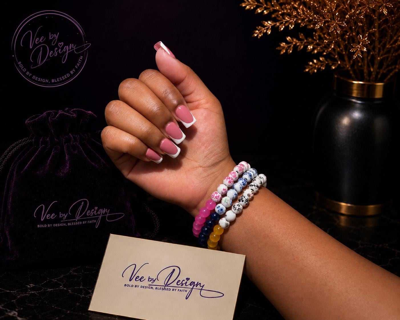 Pink Floral Glass Bead Bracelet Set — view 3