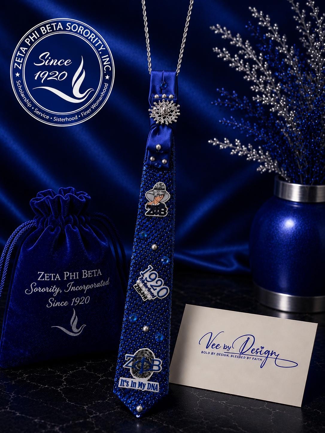 Zeta Inspired Blue Rhinestone Tie Necklace — view 4